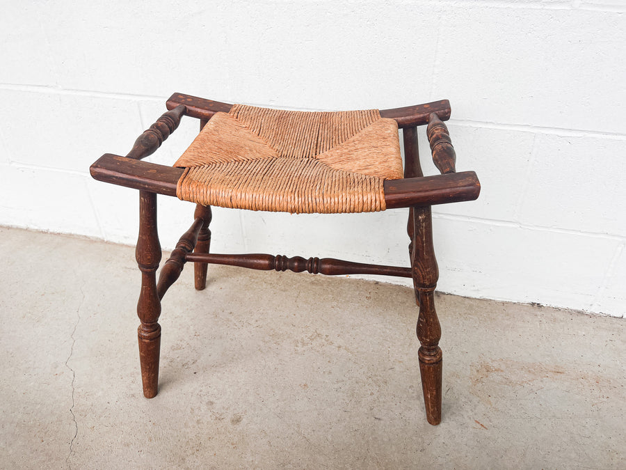 Primitive Curved Woven Rush Bench with Wood Frame