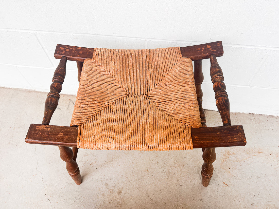 Primitive Curved Woven Rush Bench with Wood Frame