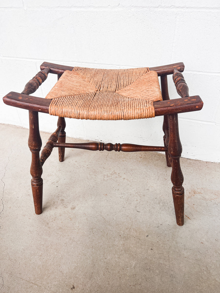 Primitive Curved Woven Rush Bench with Wood Frame