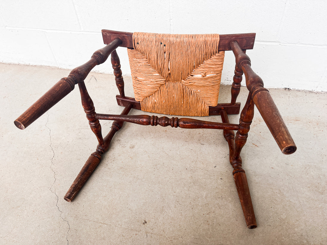 Primitive Curved Woven Rush Bench with Wood Frame