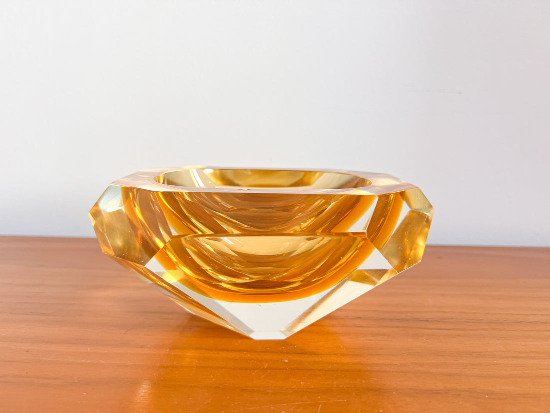 Murano Style Crystal Amber Glass Ashtray Dish