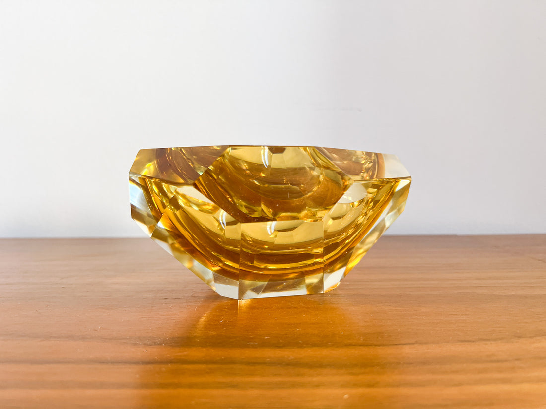 Murano Style Crystal Amber Glass Ashtray Dish