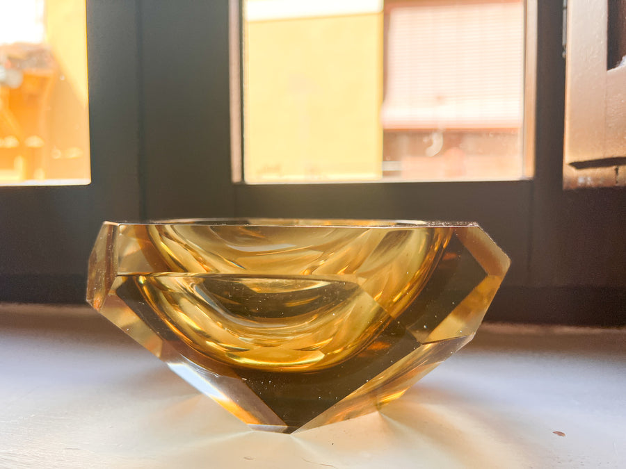 Murano Style Crystal Amber Glass Ashtray Dish