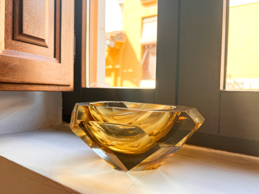 Murano Style Crystal Amber Glass Ashtray Dish