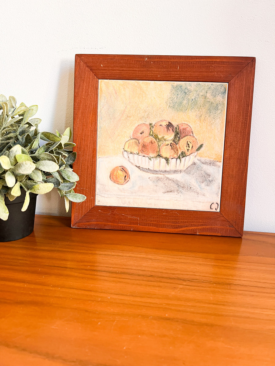 Still Life Bowl of Peaches tile art with wood Frame