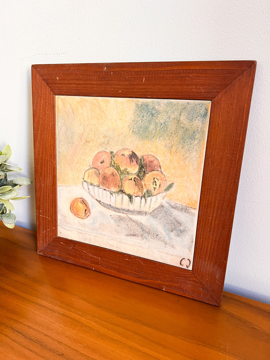 Still Life Bowl of Peaches tile art with wood Frame