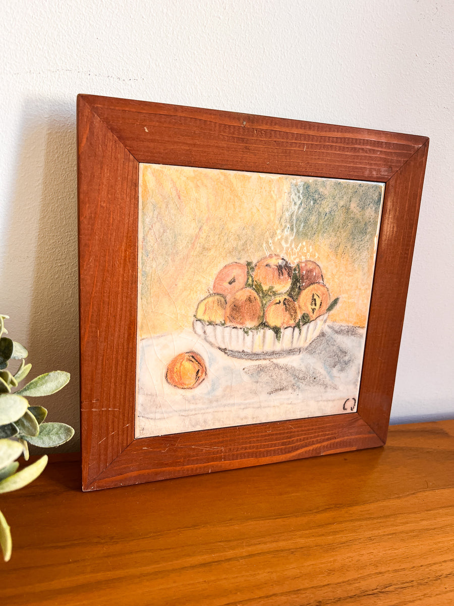 Still Life Bowl of Peaches tile art with wood Frame