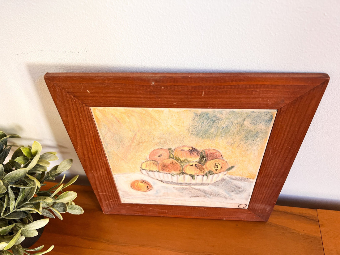 Still Life Bowl of Peaches tile art with wood Frame