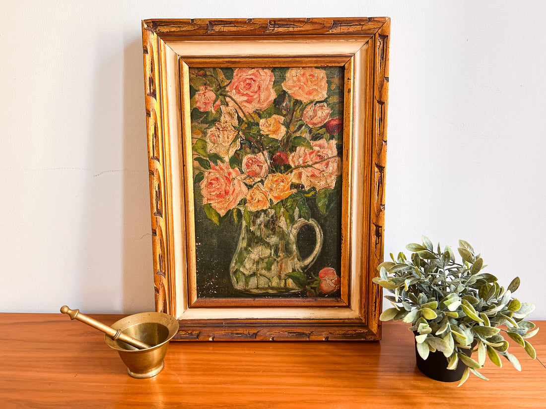 Antique gold framed moody flower arrangement still life 1934 signed