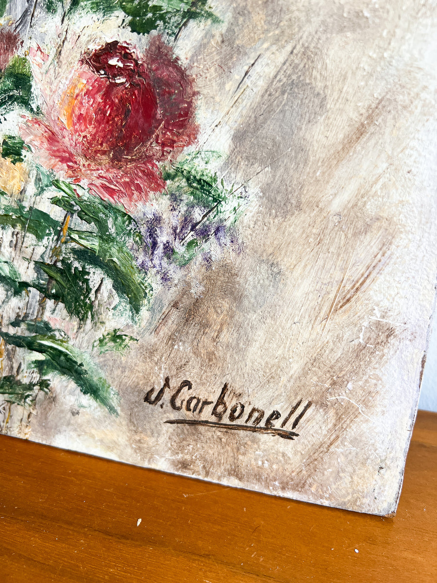 J Carbonell flower boquet on white background painted on wood 