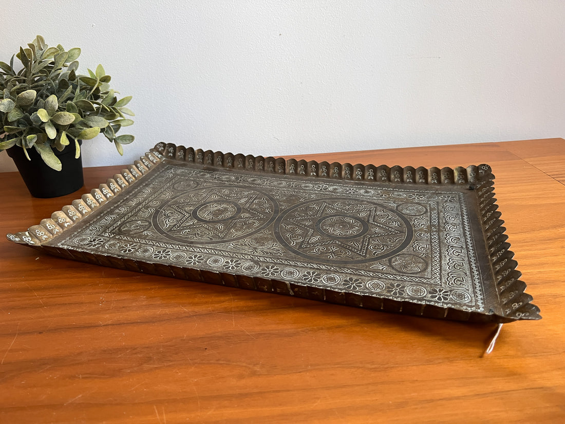 Antique Scalloped Hammered Brass Tray