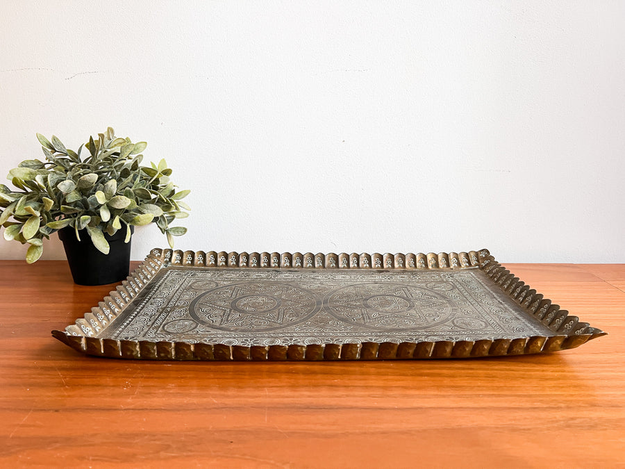 Antique Scalloped Hammered Brass Tray