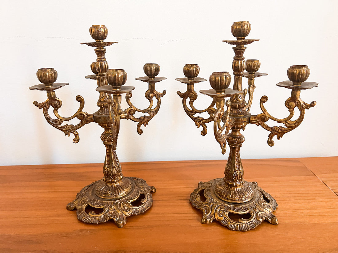 Set of 2 Etched tray brass candle sticks with handles – Portland Revibe