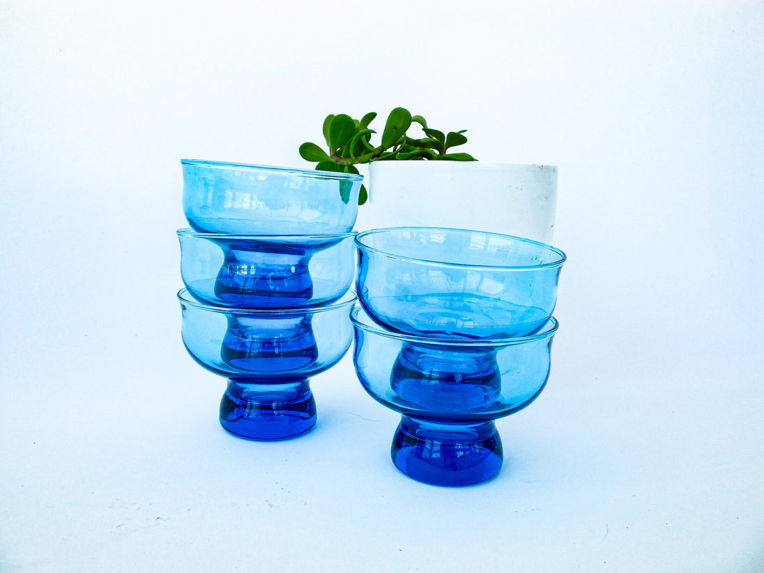 1960's Set of 5 Vintage Blue Cocktail Glasses