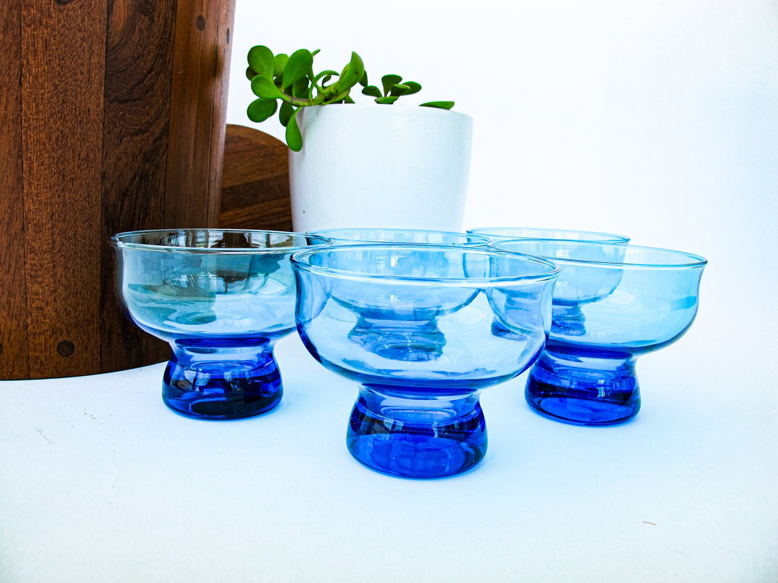 1960's Set of 5 Vintage Blue Cocktail Glasses