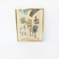 Watercolor Painting of Mexico from 1988 in Gold Brass Frame with Glass Front