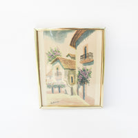 Watercolor Painting of Mexico from 1988 in Gold Brass Frame with Glass Front