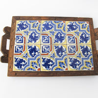6 Tile Mexican Carved Wood Trivet (Blue, Yellow and White design)
