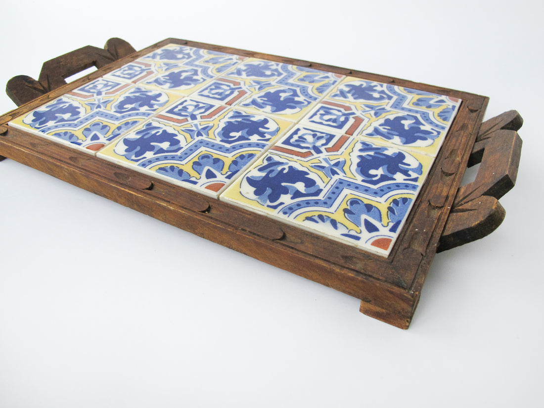 6 Tile Mexican Carved Wood Trivet (Blue, Yellow and White design)