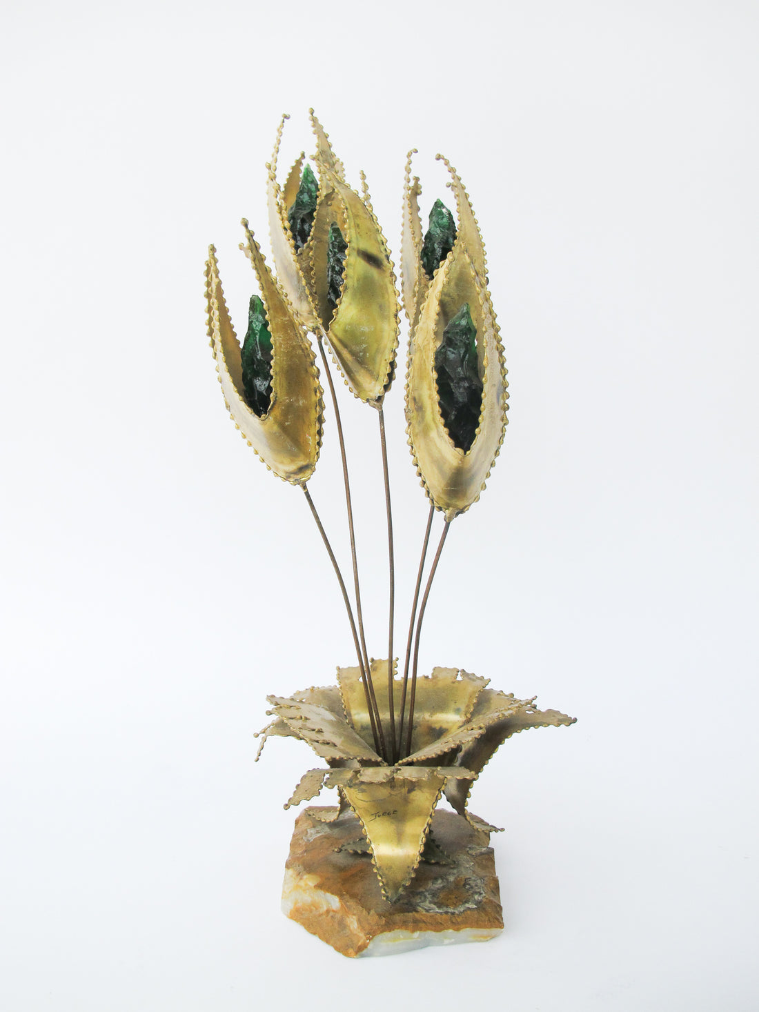 Midcentury Brutalist Floral Brass Art Sculpture with Marble Base By Jorge Lopez Portillo