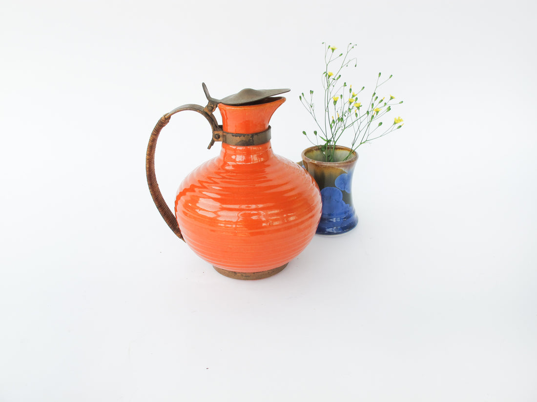 California Pottery Orange Ceramic Pitcher With Copper and Woven Rope Handle