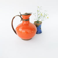 California Pottery Orange Ceramic Pitcher With Copper and Woven Rope Handle