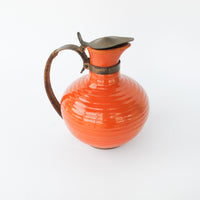 California Pottery Orange Ceramic Pitcher With Copper and Woven Rope Handle