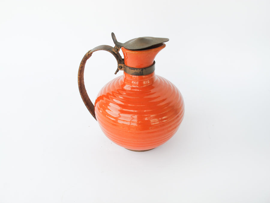 California Pottery Orange Ceramic Pitcher With Copper and Woven Rope Handle
