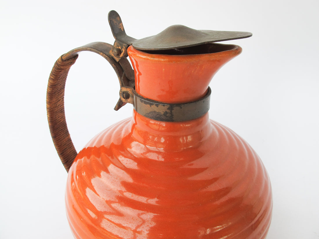 California Pottery Orange Ceramic Pitcher With Copper and Woven Rope Handle