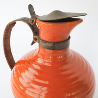 California Pottery Orange Ceramic Pitcher With Copper and Woven Rope Handle