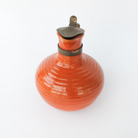 California Pottery Orange Ceramic Pitcher With Copper and Woven Rope Handle