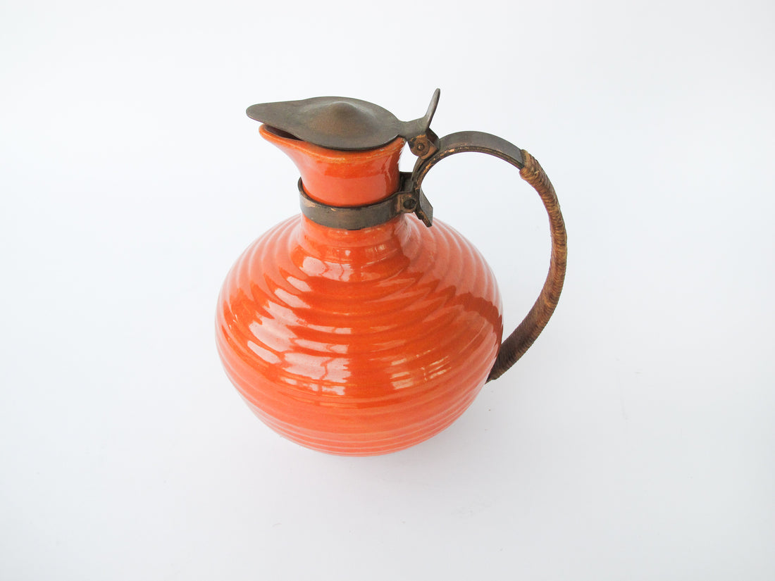 California Pottery Orange Ceramic Pitcher With Copper and Woven Rope Handle