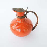 California Pottery Orange Ceramic Pitcher With Copper and Woven Rope Handle