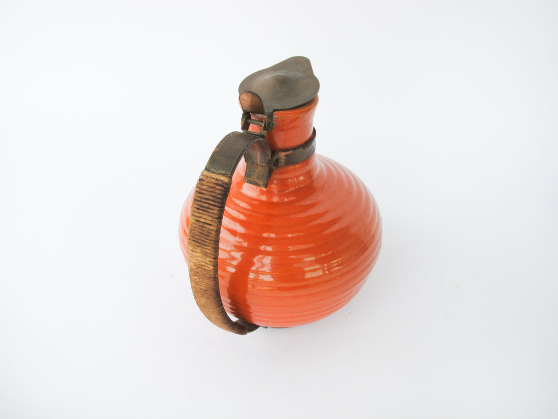 California Pottery Orange Ceramic Pitcher With Copper and Woven Rope Handle