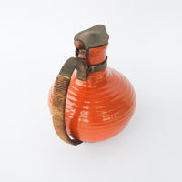 California Pottery Orange Ceramic Pitcher With Copper and Woven Rope Handle