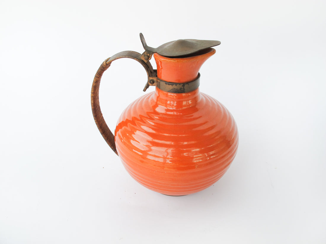 California Pottery Orange Ceramic Pitcher With Copper and Woven Rope Handle