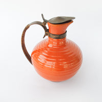 California Pottery Orange Ceramic Pitcher With Copper and Woven Rope Handle