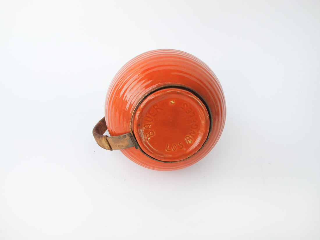 California Pottery Orange Ceramic Pitcher With Copper and Woven Rope Handle