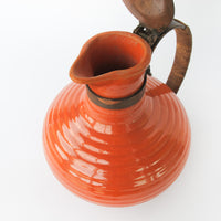 California Pottery Orange Ceramic Pitcher With Copper and Woven Rope Handle