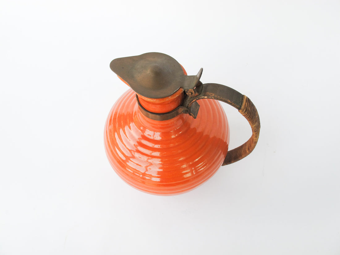 California Pottery Orange Ceramic Pitcher With Copper and Woven Rope Handle