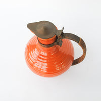 California Pottery Orange Ceramic Pitcher With Copper and Woven Rope Handle