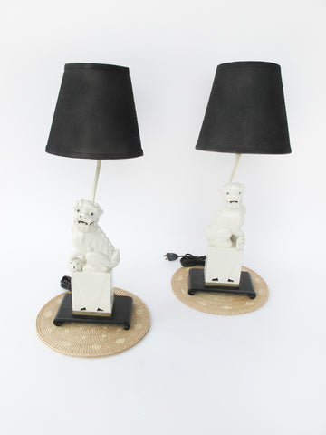 Set of 2 antique Blanc Chinoiserie Porcelain Foo Fu Dog Lamps with Shades