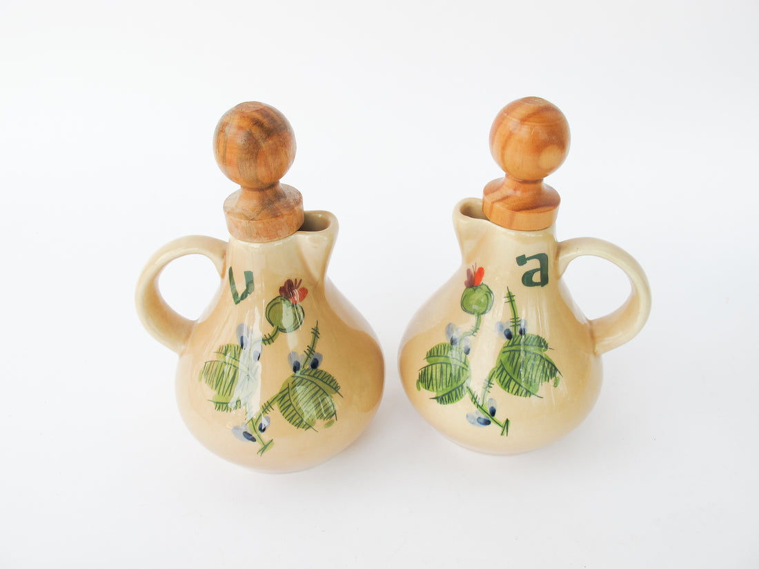 Ceramic Olive and Vinegar Jars with Painted Desert Flowers