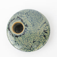 Wabi Sabi Blue Speckle Flat Stone Flower Holder with Metal Frog