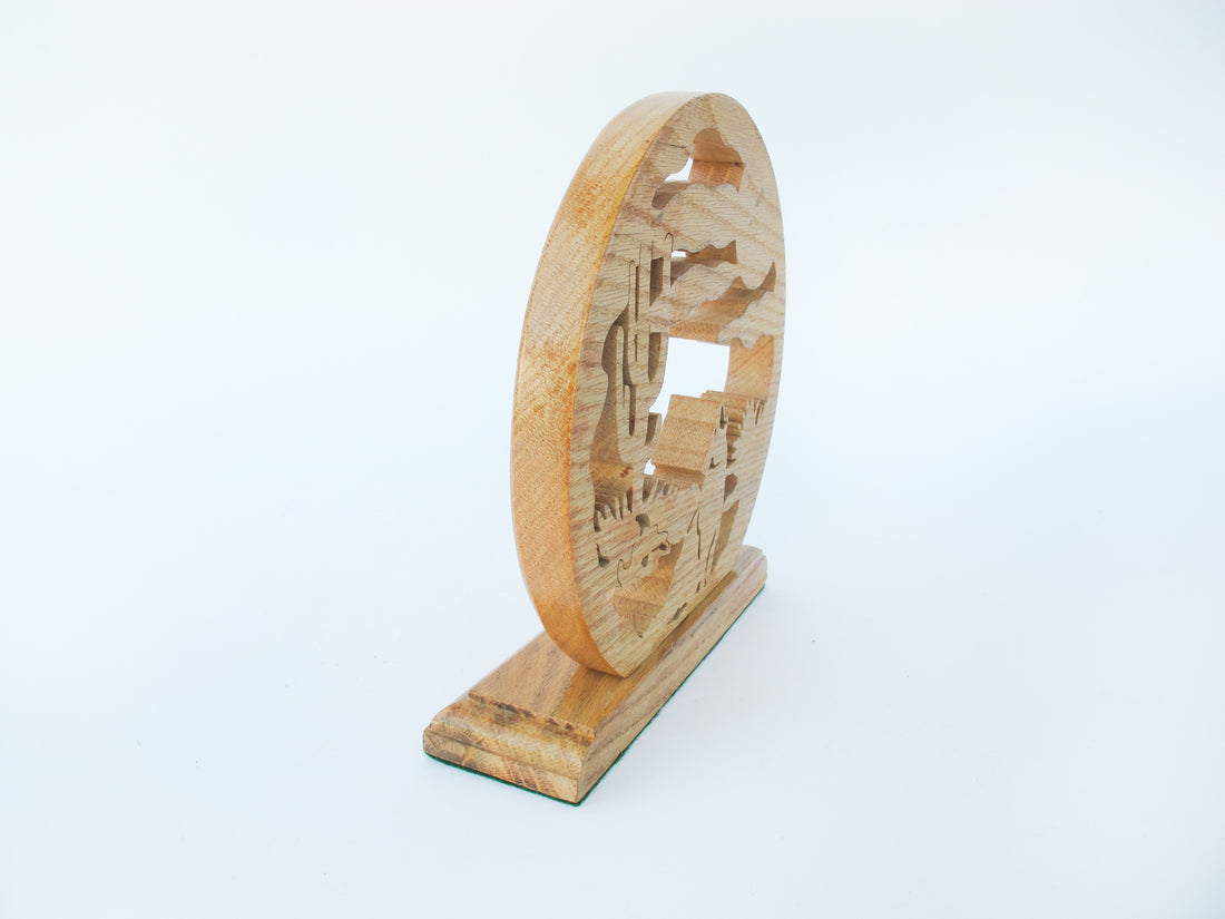 Coyote and Cactus Desert Wood Circle Carving Stand