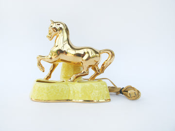 22K Gold Hand painted MCM Horse TV Lamp with Yellow Ceramic Planter Base