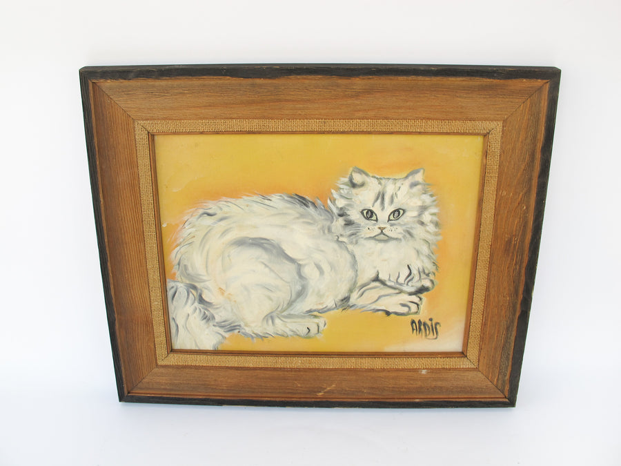 White Cat Original Oil Painting with Wood and Woven frame