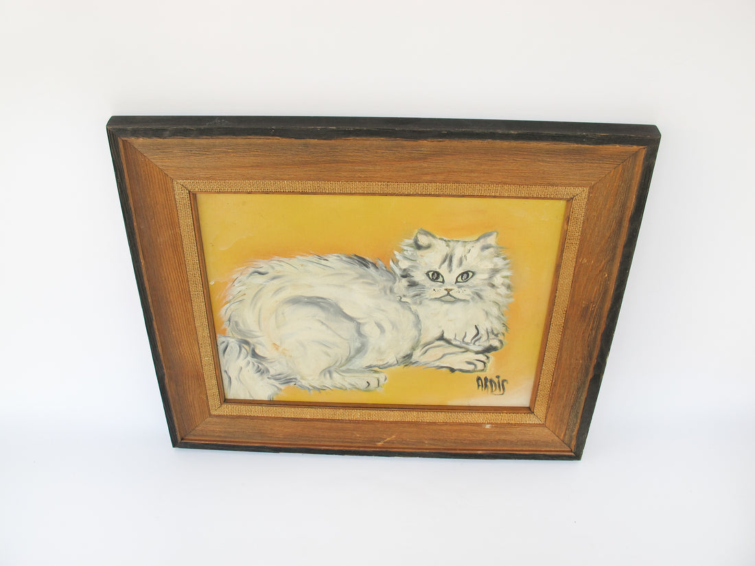White Cat Original Oil Painting with Wood and Woven frame