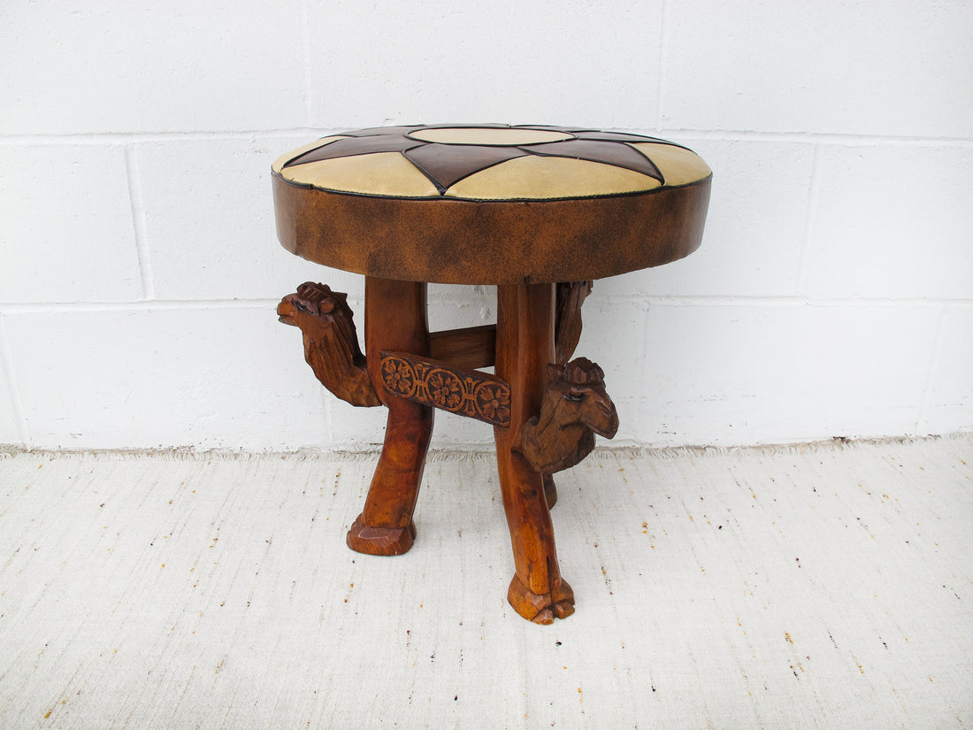 Carved Wood Camel Stool with Brown and White Star Design Naugahyde Seat