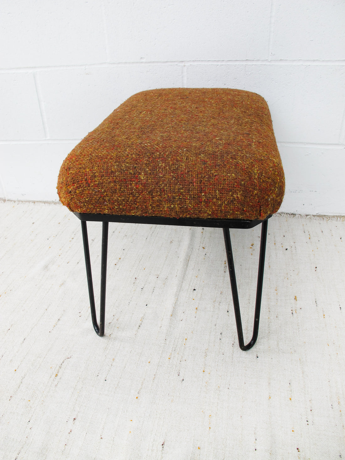 70's Orange Tweed Fabric Cast Iron Bent Leg Stool